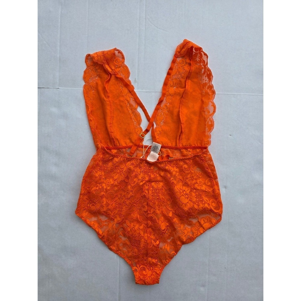 We Are HAH Burnt Orange Lace Bodysuit Sz M Y2K Festival Boho Deep V Lingerie NWT